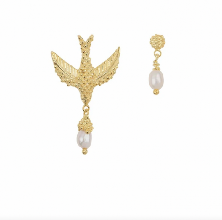 Bird pearl earring gold plated gold coral