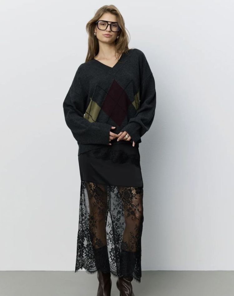 Paleasw v-neck argyle knit dark grey