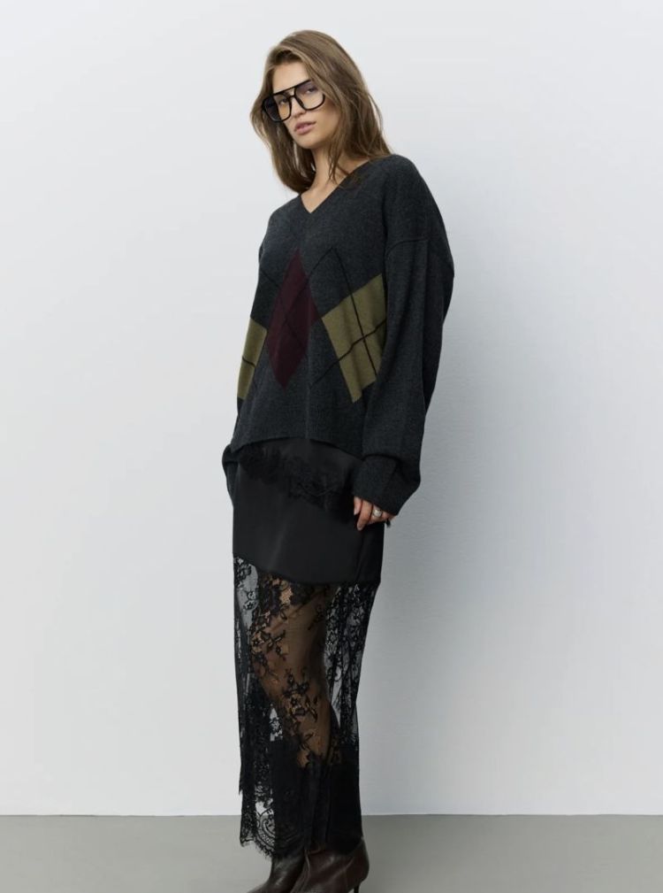 Paleasw v-neck argyle knit dark grey