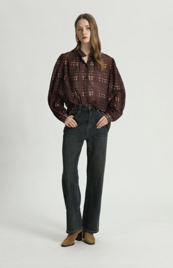 Blouse col rond ML print Brown