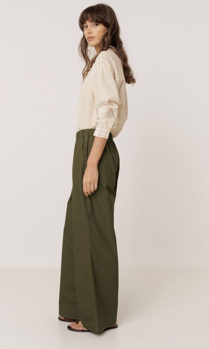 Elastic poplin pants Military green