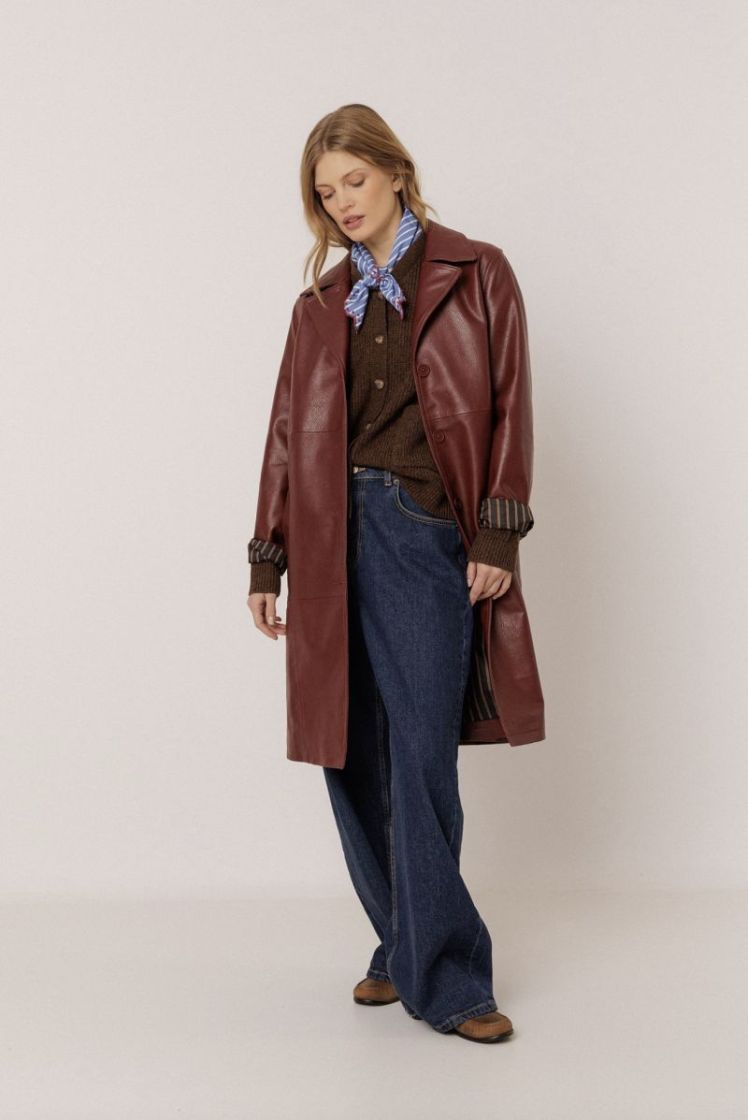 Long leather-effect coat Eggplant