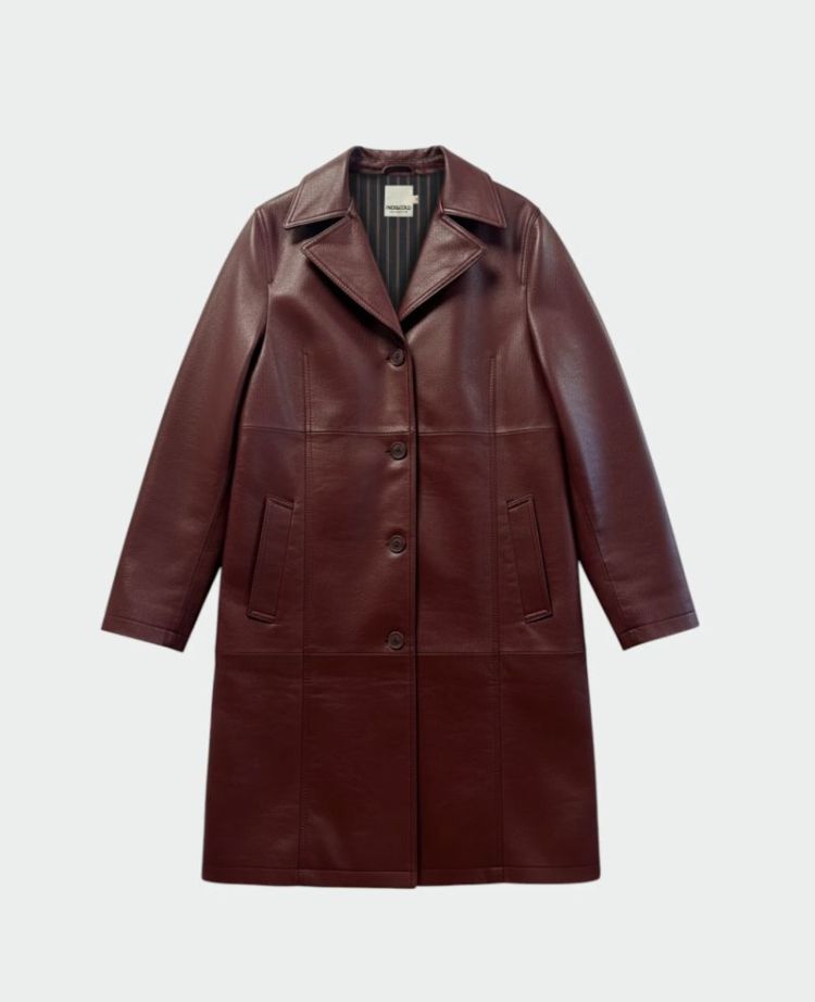 Long leather-effect coat Eggplant
