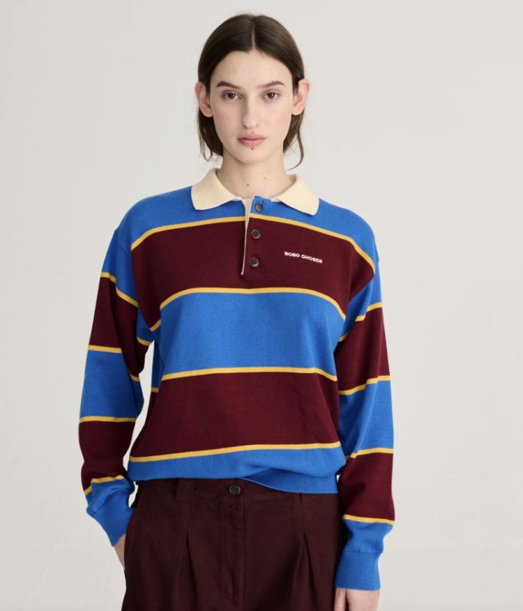 Striped cotton polo jumper Blue